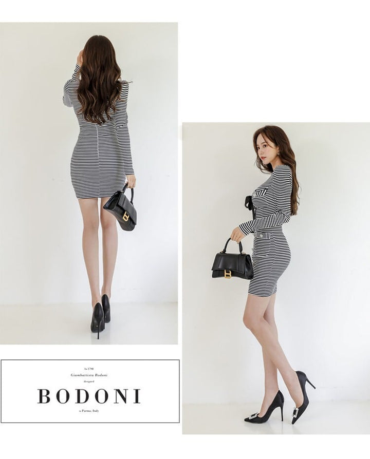 【dress】ボーダー柄リボン付きニットワンピース　M18084