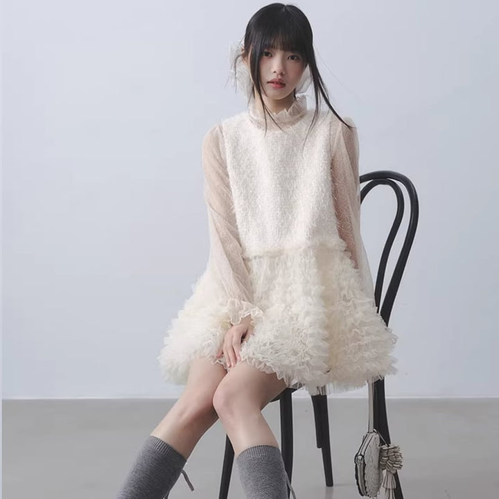 【dress】ギャザーフリルチュールドッキングベストワンピース Q7962