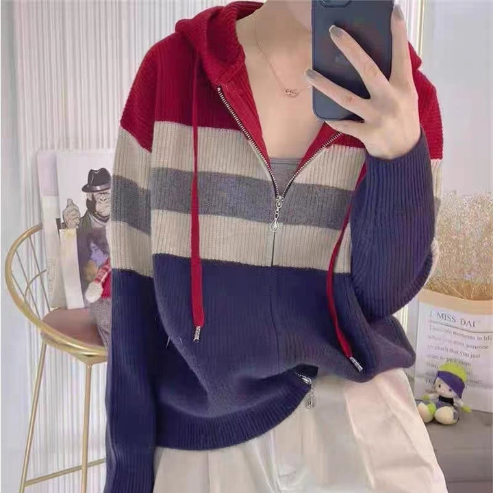【outer】ファスナー配色フード付きニットカーデ　M18099