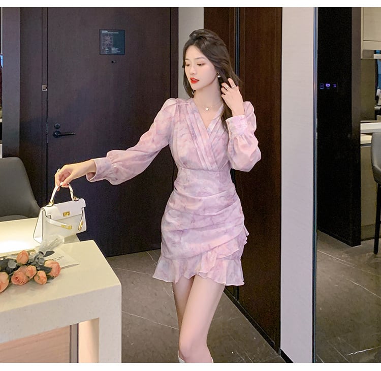 【dress】大人らしい Vネックマーメイド花柄ワンピース　M17259