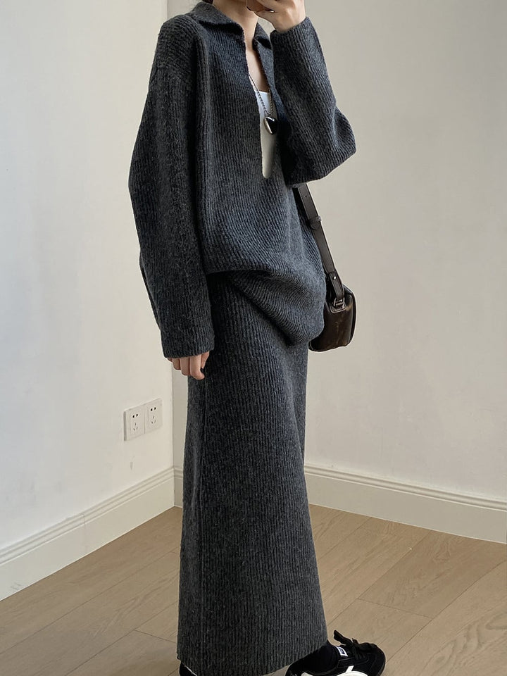 【set】Vネックニットトップス×ロングスカートセット　N3441