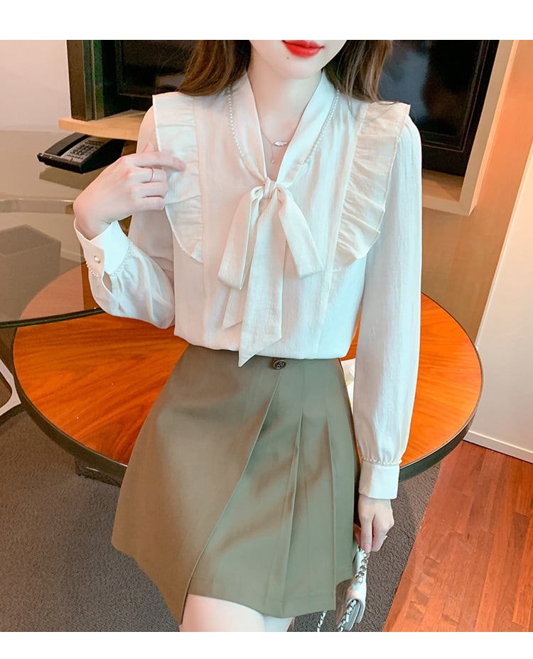【tops】美人度アップリボン付きシャツトップス超人気　M17338