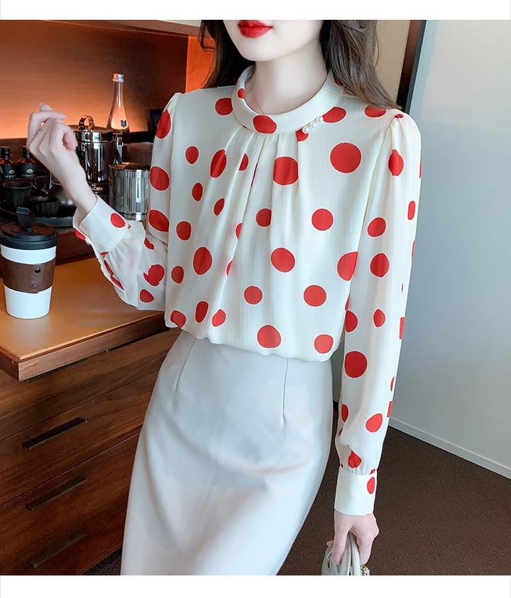 【tops】今季マストバイスタンドネックドット柄シャツ2色　M16882