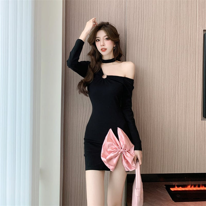 【dress】細身効果抜群♪リボン付きデートワンピース　M17538