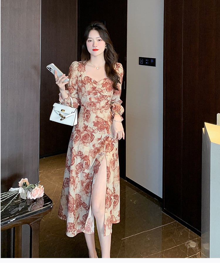 【dress】話題沸騰中 オシャレスリット花柄ワンピース　M17306