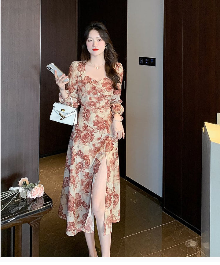 【dress】話題沸騰中 オシャレスリット花柄ワンピース　M17306