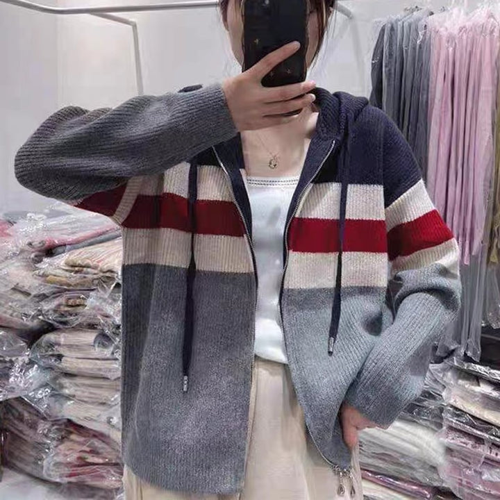【outer】ファスナー配色フード付きニットカーデ　M18099