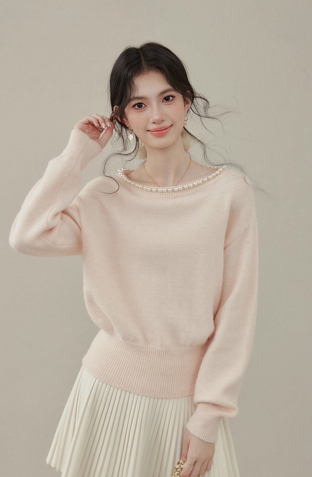 【tops】パール付きニットトップス Q7593