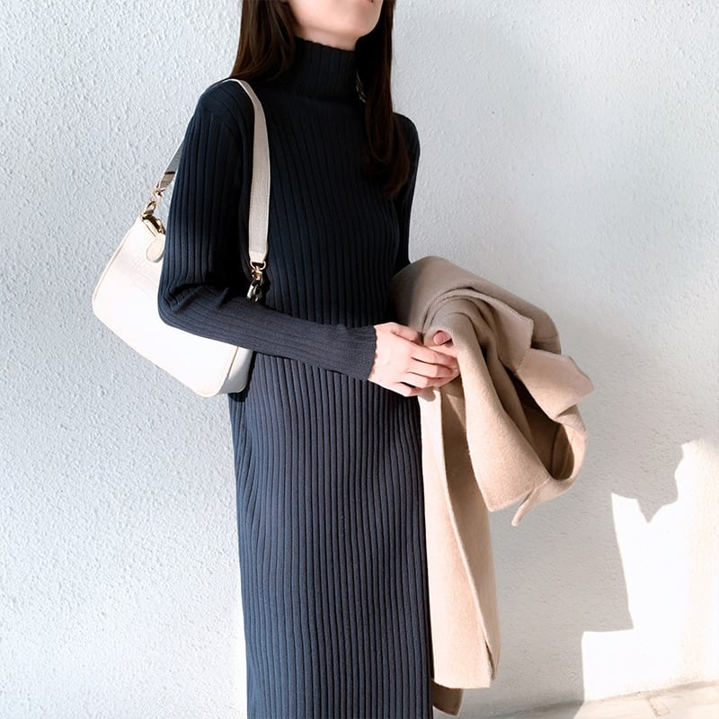【dress】人気アイテム ! ハイネックニットワンピース　M17662
