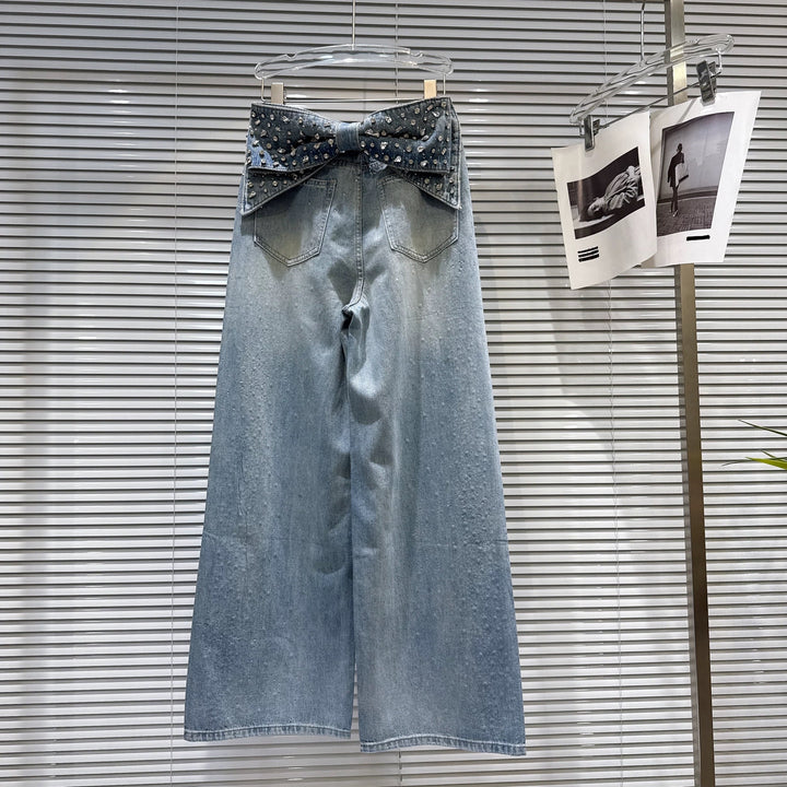 【bottoms】ラインストーン付きバックリボンデニムパンツ  K0546