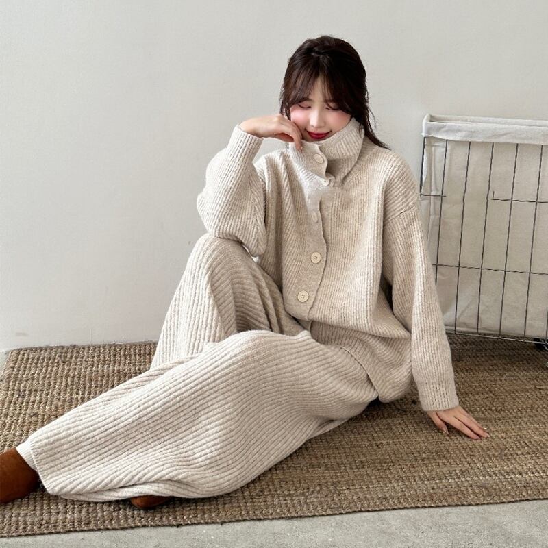 【set】ハイネックニットカーディガン×ワイドパンツセット Q7692 – NANASTYLE