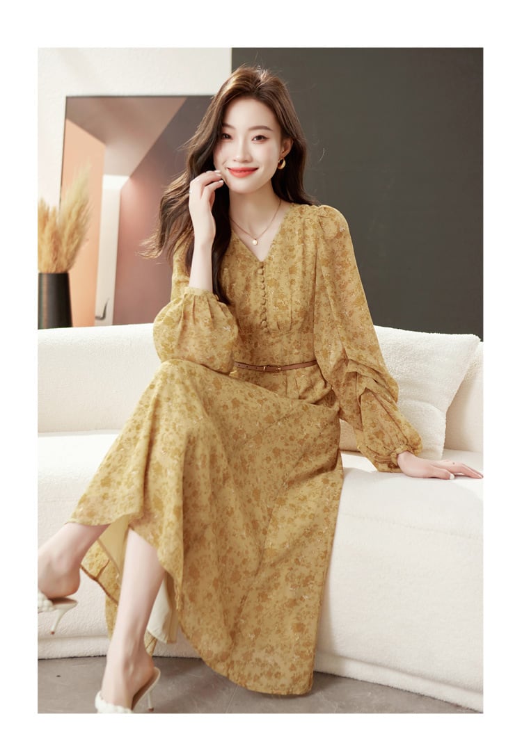 【dress】輝いて超人気 ! Vネック花柄ワンピースベルト付き　M17029