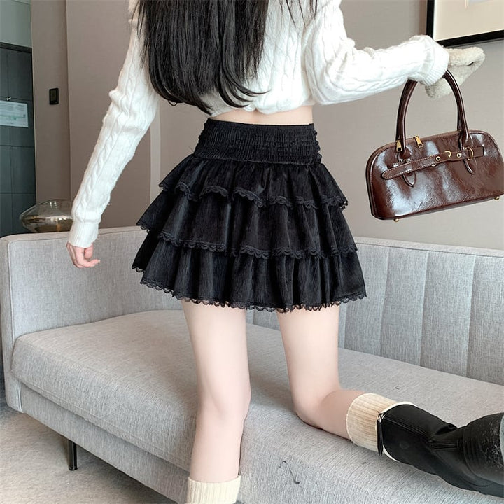【bottoms】リボン付きレース切り替えスカート　M28257