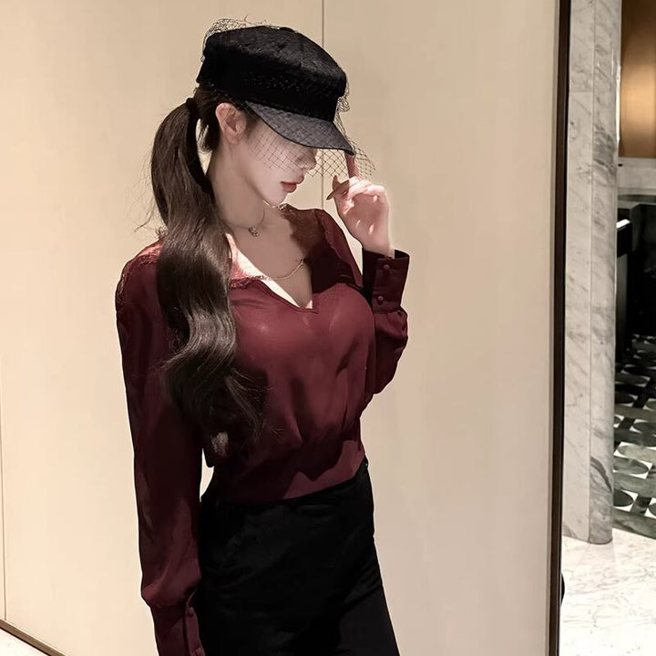 【tops】レースドッキングシフォンシャツ Q8001