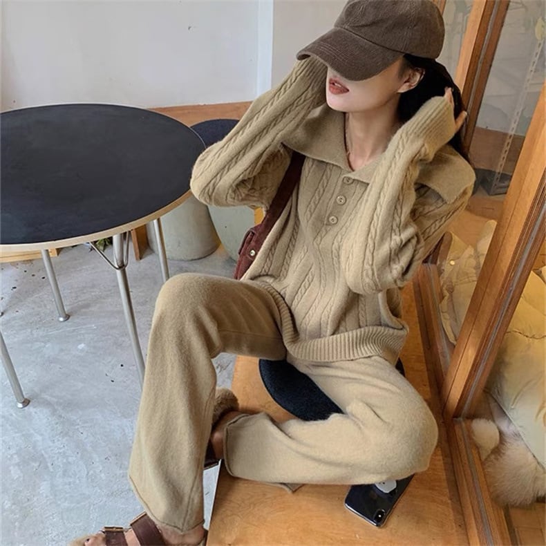 【set】ニットセーター+ワイドパンツセット　M26515
