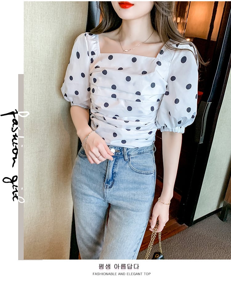 【tops】好感度UPスウィートパフスリーブドット柄トップス　M17298