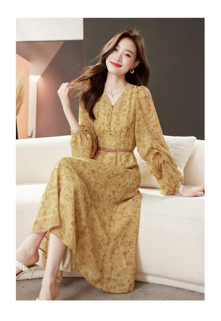 【dress】輝いて超人気 ! Vネック花柄ワンピースベルト付き　M17029