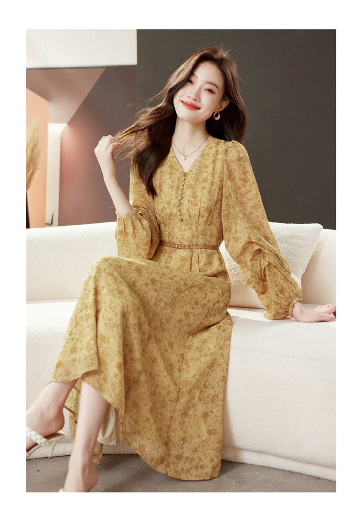 【dress】輝いて超人気 ! Vネック花柄ワンピースベルト付き　M17029