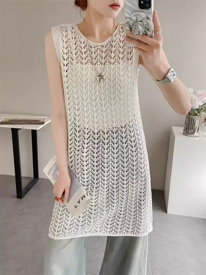 【tops】透かしロングニットベスト Q8310