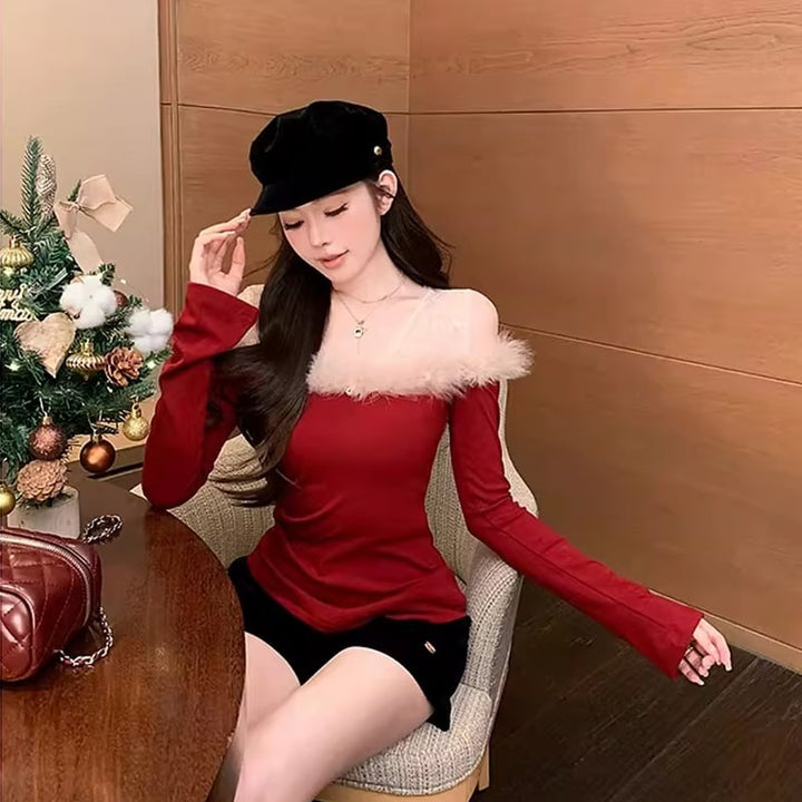 【tops】ファー付きフェイクレイヤードトップス Q7840