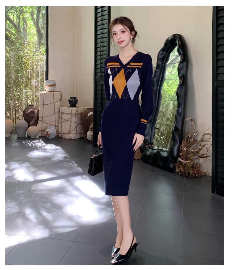 【dress】Vネックニットワンピース　M26546