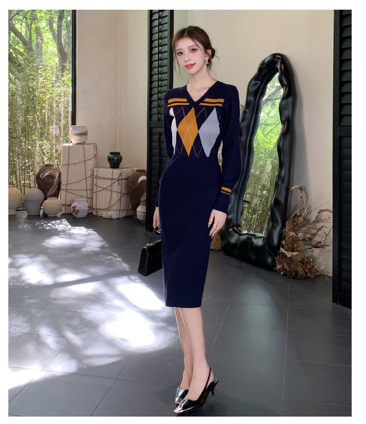 【dress】Vネックニットワンピース　M26546