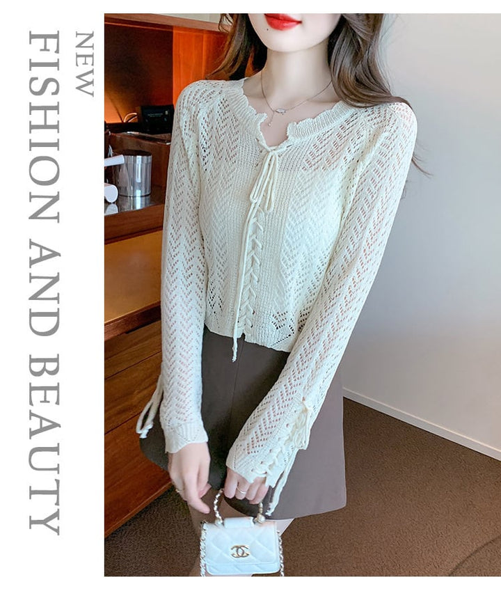 【tops】優しい雰囲気カットワークニットトップスゆったり　M17087
