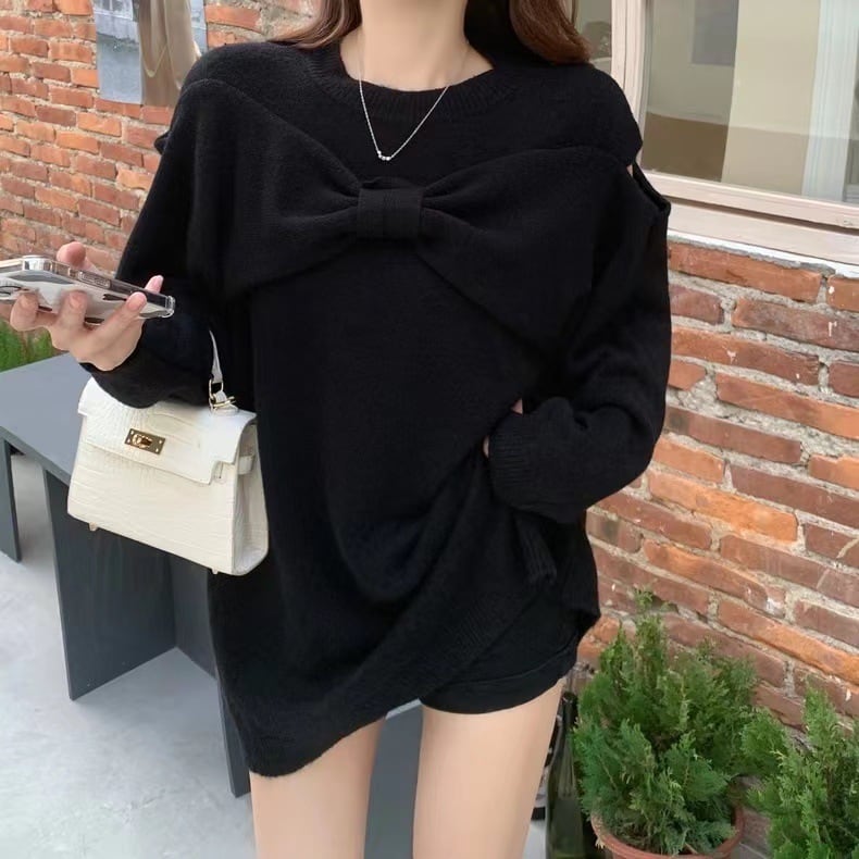 【tops】リボン付きクルーネックニットセーター　M17749
