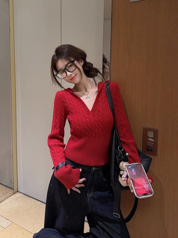 【tops】Vネックフード付きニットセーター　M28798
