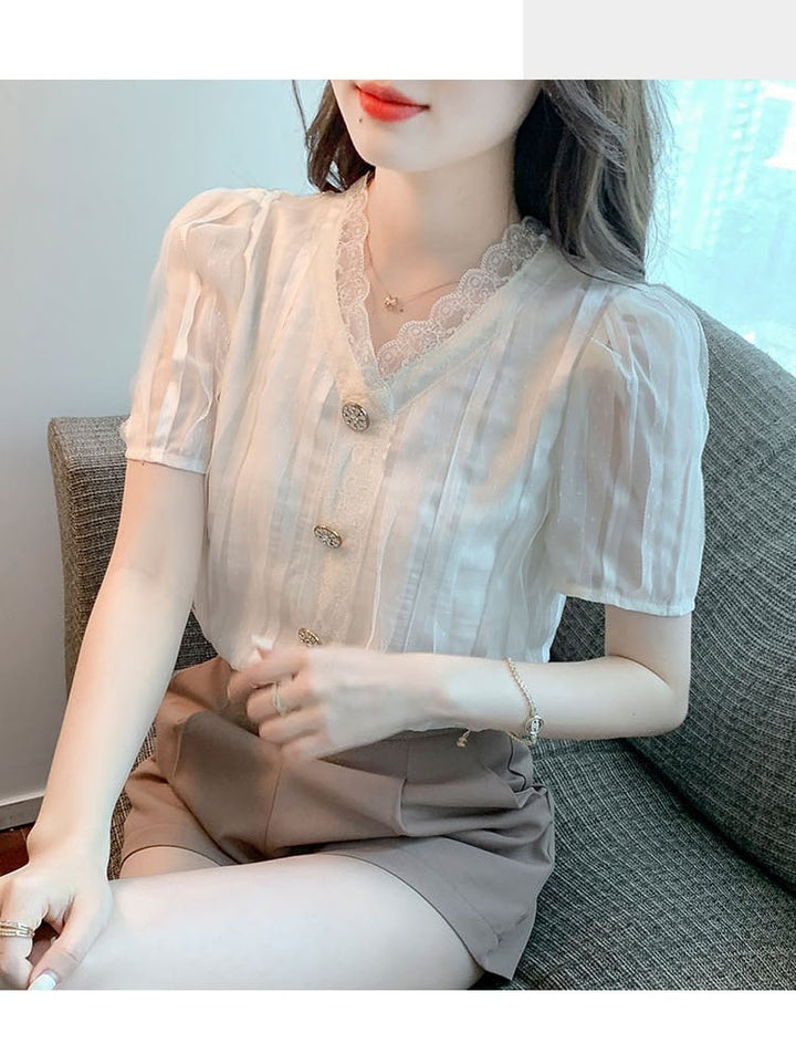 【tops】おしゃれ！Vネックレース切り替えシャツトップス　M17041