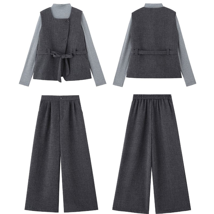 【set】ベスト×ハイネックトップス×ワイドパンツ3点セット Q6976