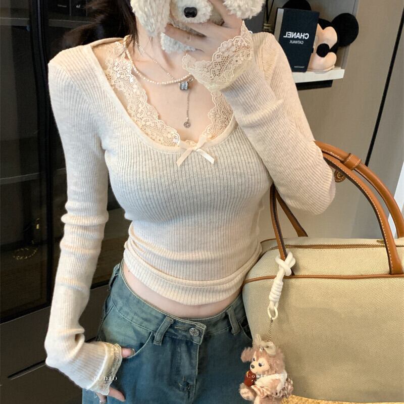 【tops】レースドッキングニットトップス　N2897