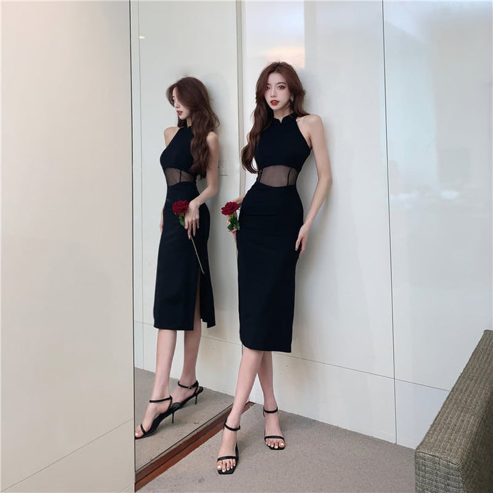【dress】ノースリーブチュールドッキングワンピース Q8431