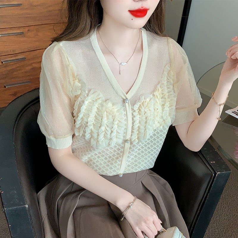 【tops】柔らかくて優しい印象薄手ニットシャツトップス　M17010