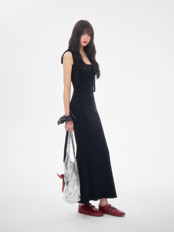 【dress】ショルダーリボンシェイプリブカットロングワンピース　N3520