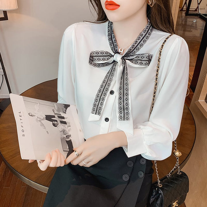 【tops】人気を独占中 リボン付きシャツトップス　M17614