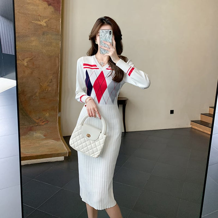 【dress】Vネックニットワンピース　M26546