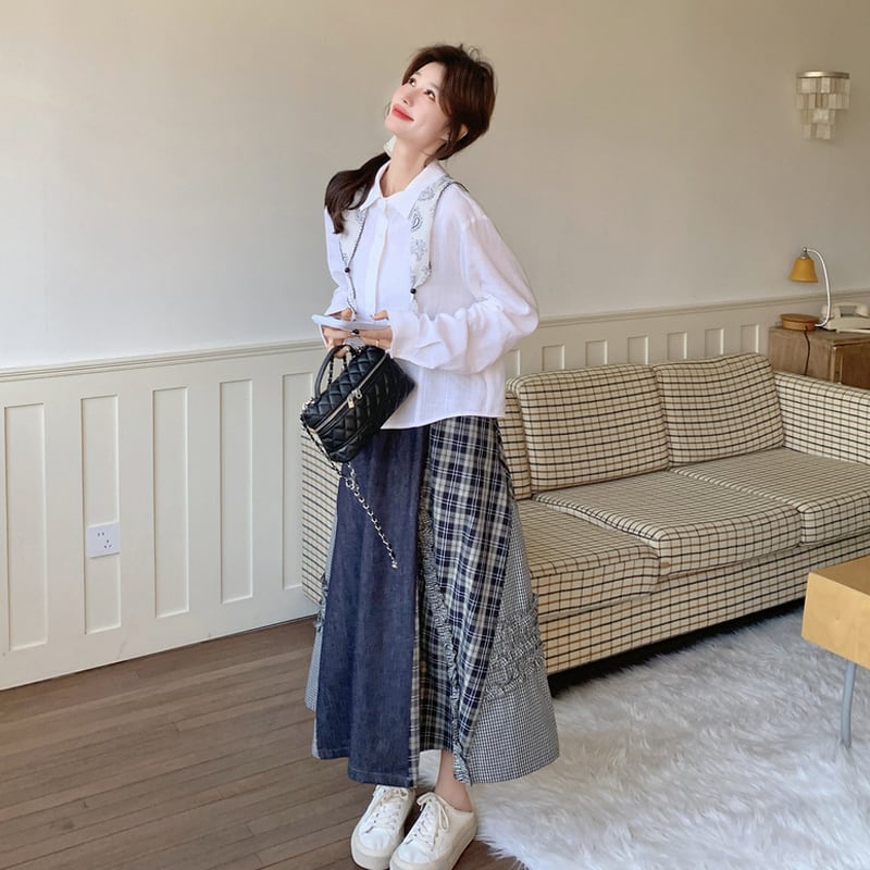 【set】スカーフ付きシャツ×チェック柄ドッキングスカートセット Q8235