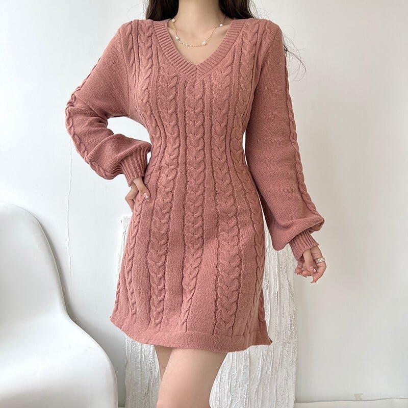【dress】Vネック無地ニットワンピース　M17948