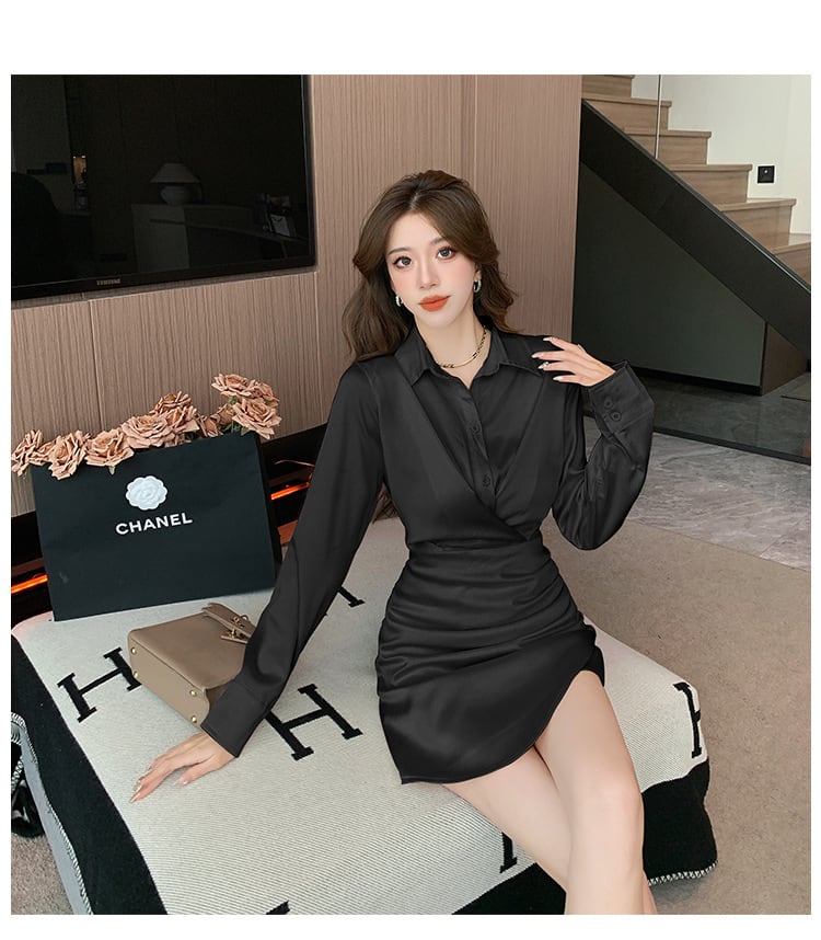 【dress】シンプルVネック通勤風シャツワンピース　M17674