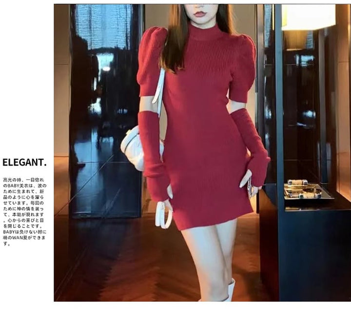 【dress】アームカバー付き無地ニットワンピース　M17718