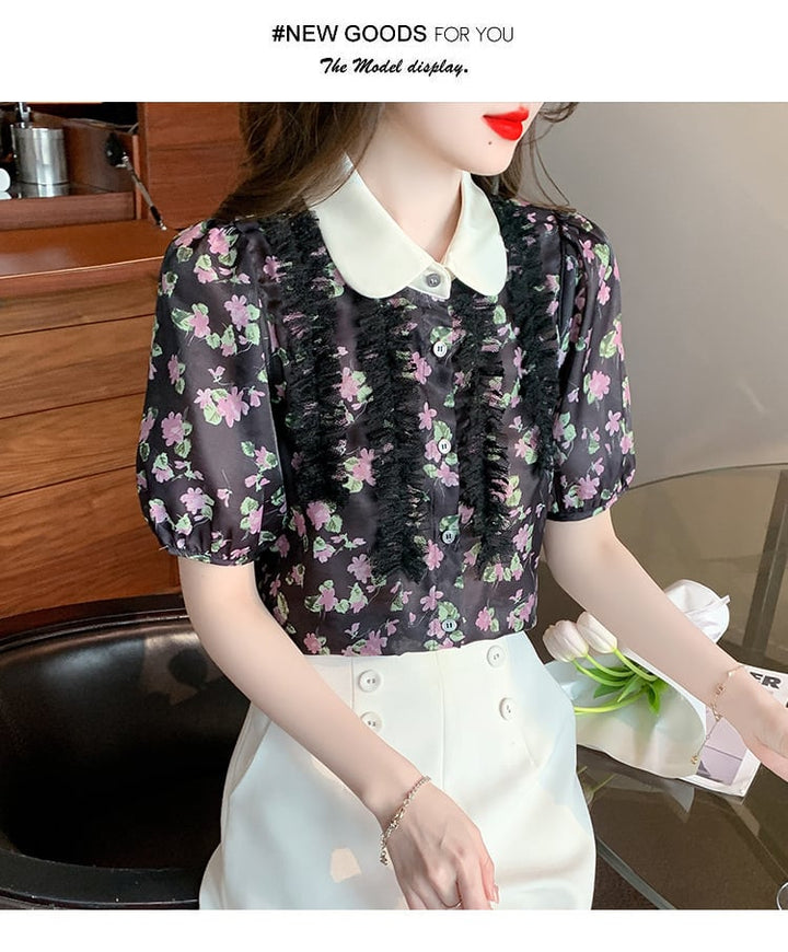 【tops】美人度アップスウィート折り襟花柄シャツトップス　M16883