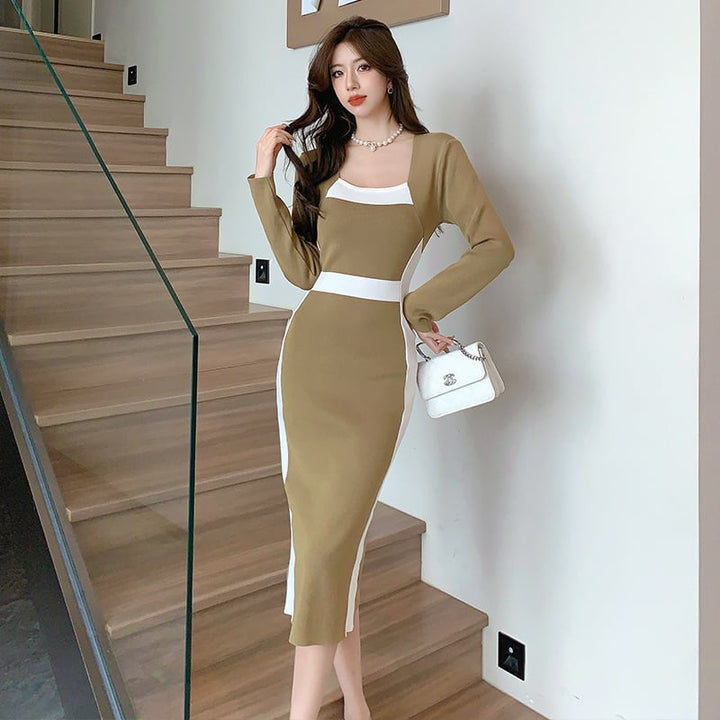 【dress】早い者勝ち切り替えニットワンピース着瘦せ　M17510