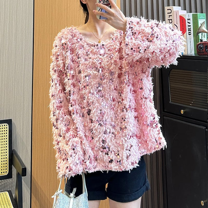 【tops】キラキラクルーネックニットセーター　M18106