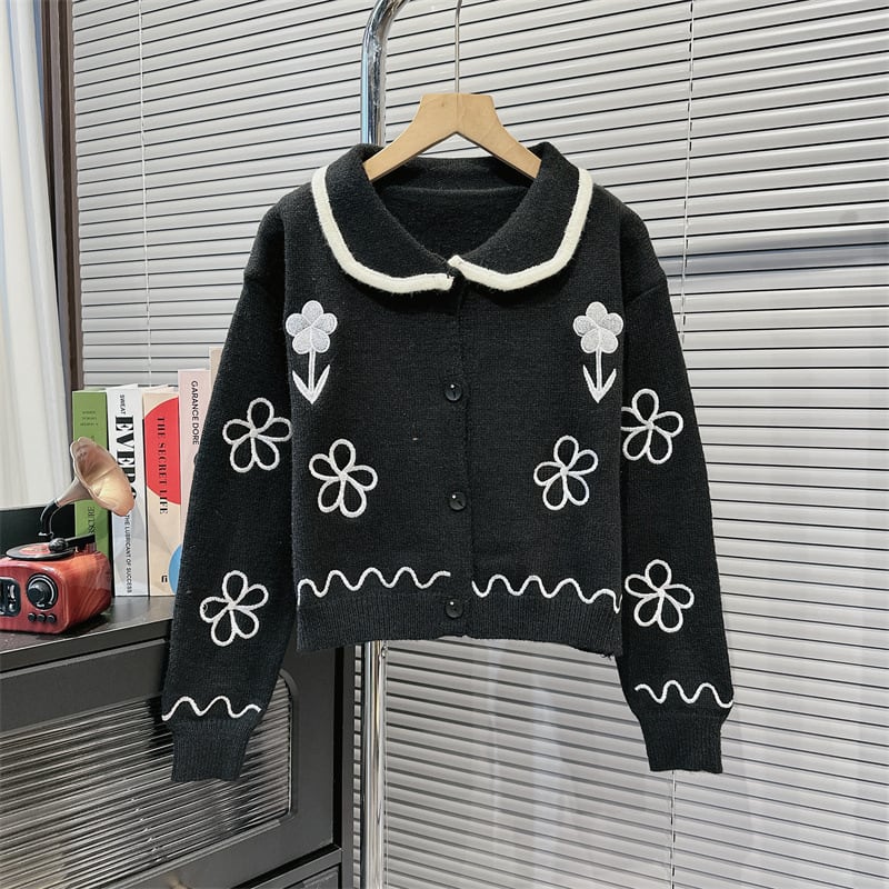 【outer】POLOネック刺繍ニットカーデ　M18027