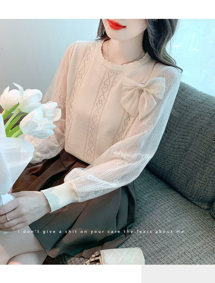 【tops】優しい雰囲気リボン付きレース切り替えトップス　M17185