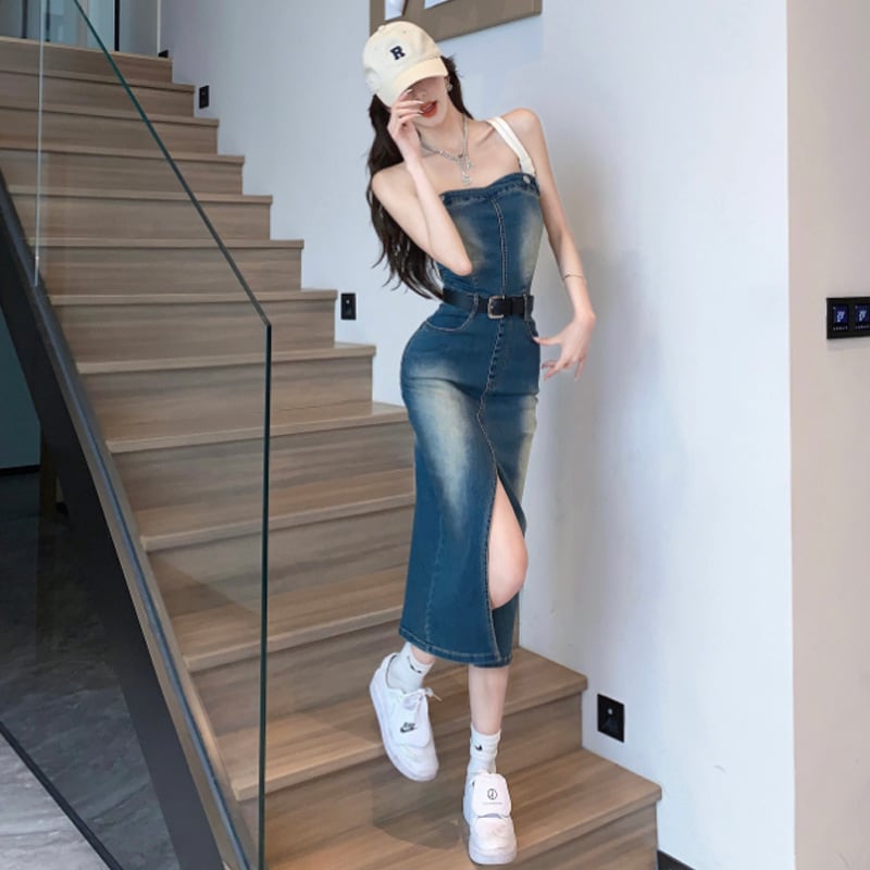 【dress】韓国系ファッションセクシーデニムワンピース　M17191