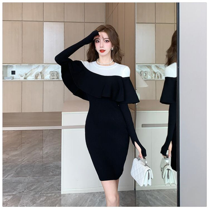 【dress】フリルドッキングニットワンピース　M18575