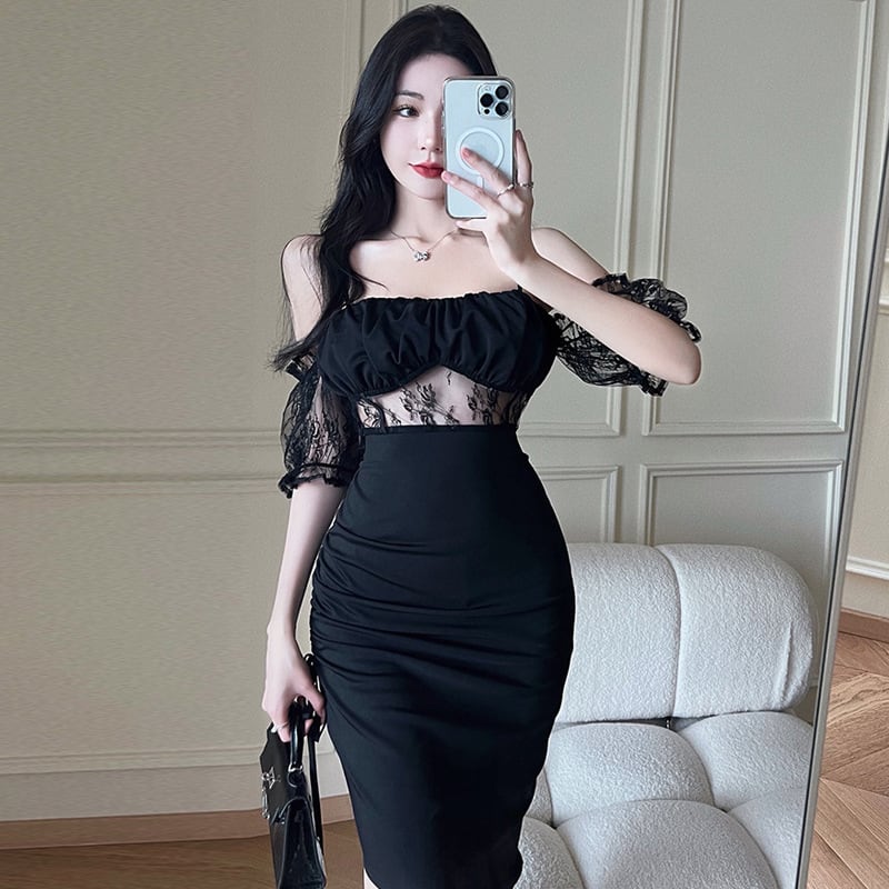 【dress】韓国系セクシーレース切り替えキャミワンピース　M17058