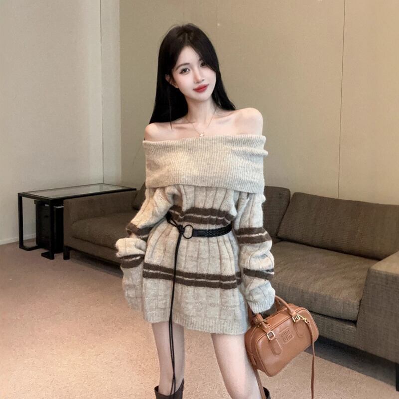 【dress】オフショルダーニットワンピース Q7110